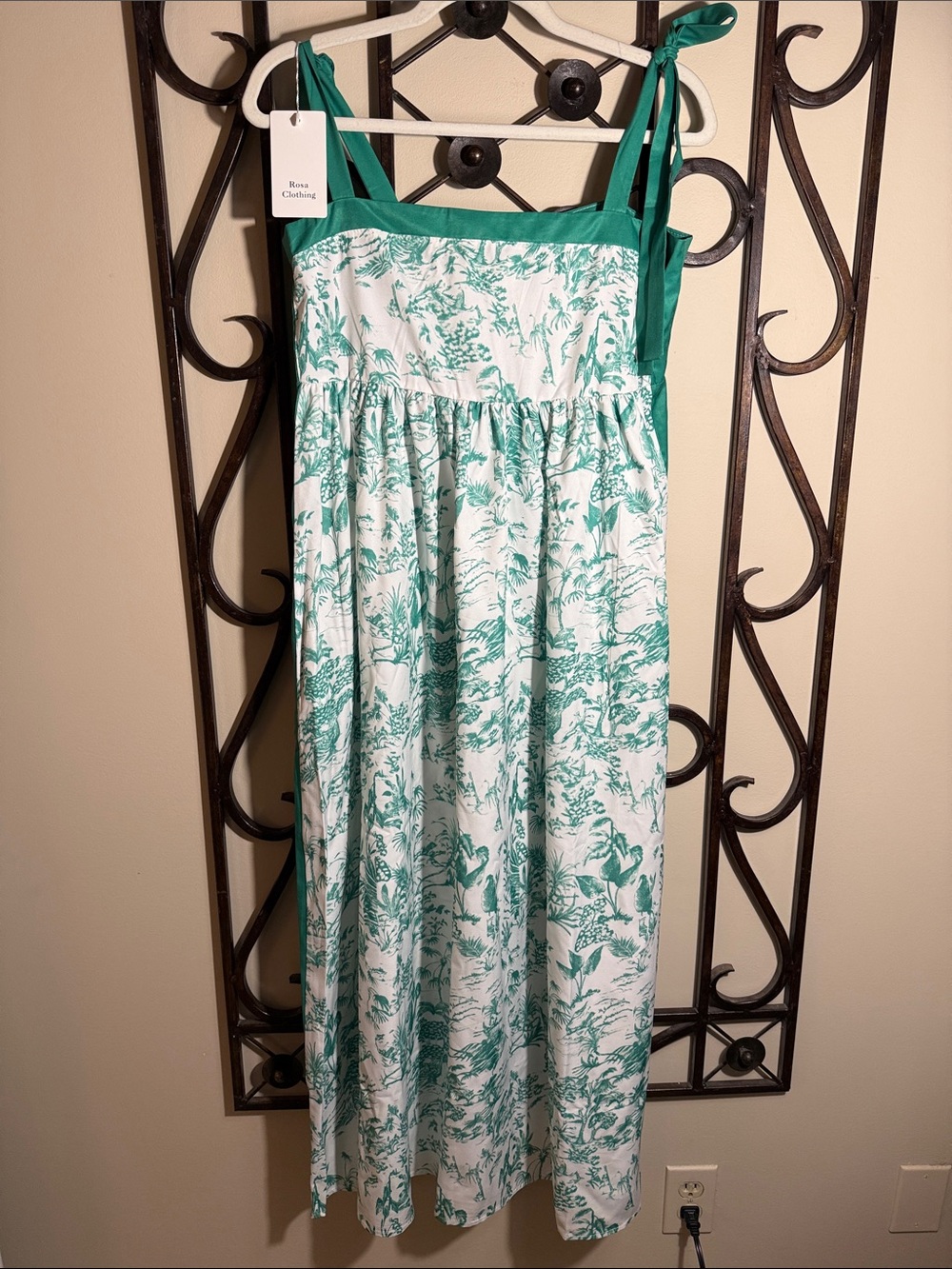 Rosa Clothing Green and White Toile Maxi Dress with Tie Straps